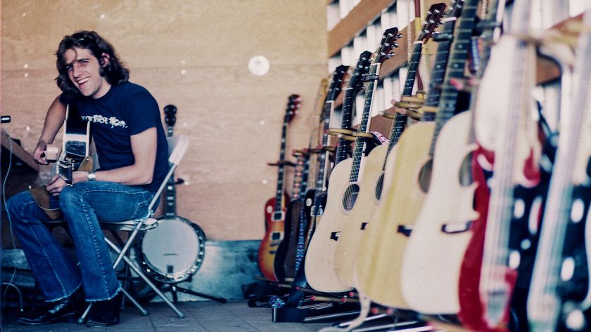 Glenn Frey of the Eagles tuning up at Anaheim Stadium, Sept 28 1975 