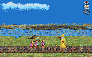 Lord of the Rings games — In War in Middle Earth, three pink-shirted halflings face a yellow-robed Gandalf