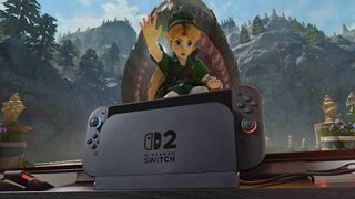 Switch 2 sitting in dock in front of TV with Zelda Ocarina of Time trailer on screen featuring Link in front of Jabu-Jabu.