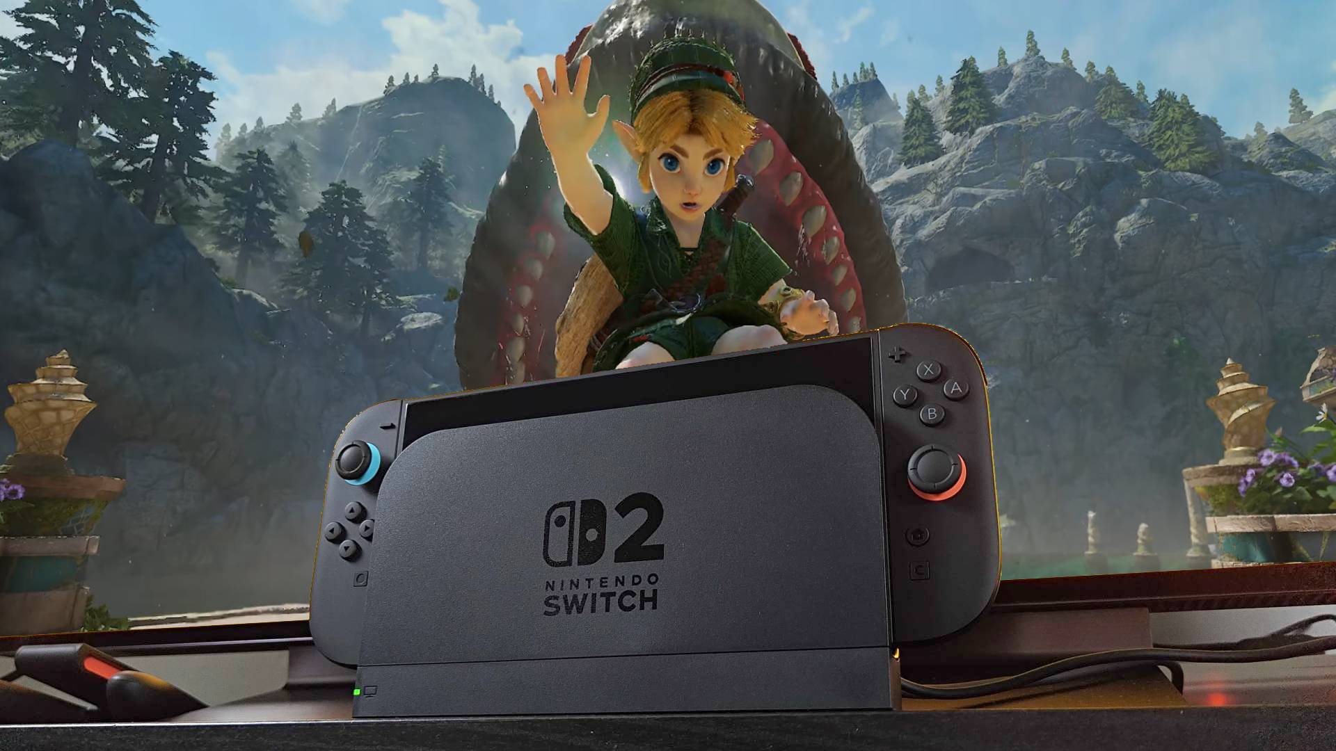 Switch 2 sitting in dock in front of TV with Zelda Ocarina of Time trailer on screen featuring Link in front of Jabu-Jabu.
