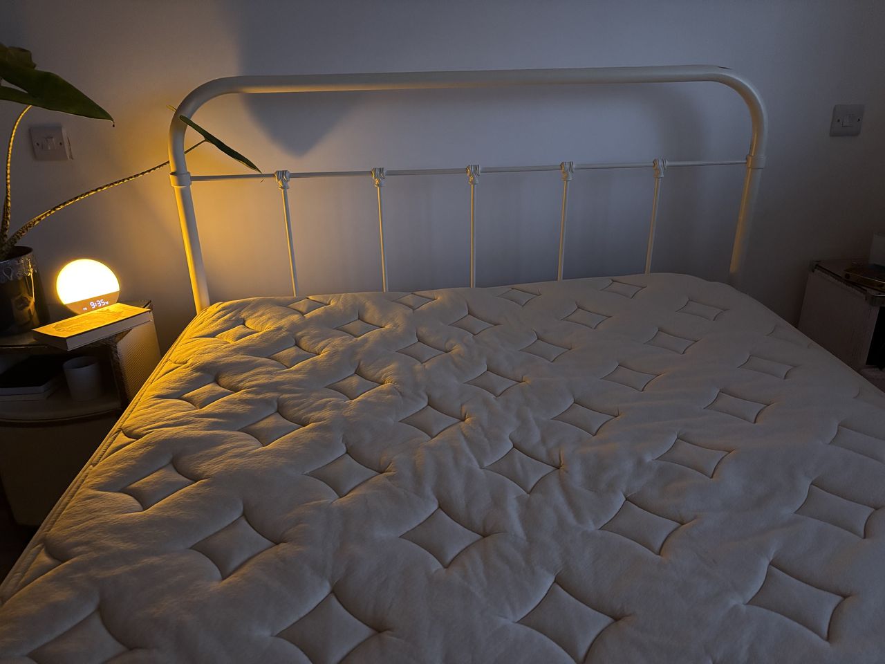 The image shows the beige Birch Elite Mattress in our mattress reviewer's home during the testing process