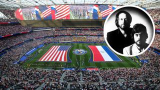 The Los Angeles Stadium on June 12, 2026 in Inglewood, California, before the World Cup game between USA and Paraguay, plus (inset) the Alan Parsons Project