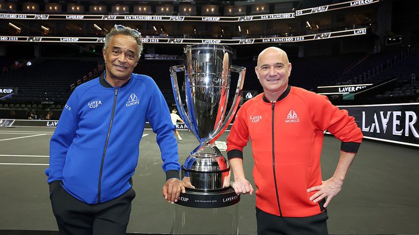 Captains Yannick Noah and Andre Agassi posing with the Laver Cup trophy prior to the start of the 2025 tournament.