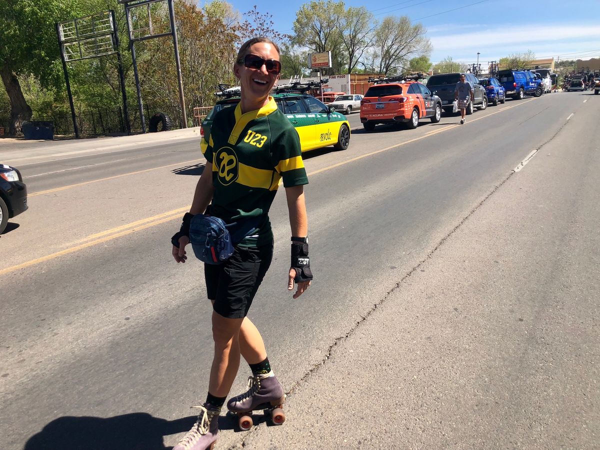 Aevolo soigneur Amanda Rose uses some alternative transportation at the Tour of the Gila