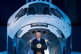 Vice President Mike Pence delivering opening remarks during the first meeting of the National Space Council on Oct. 5, 2017.