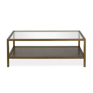 A two-tier glass top coffee table