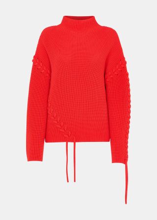 Red Lacing Detail Rib Sweater