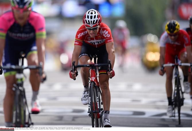 Tony Gallopin (Lotto-Belisol) crosses the line and moves into yellow