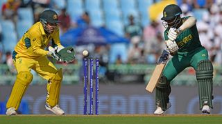 Temba Bavuma (R) plays and misses ahead of the South Africa vs Australia live stream at the Cricket World Cup 2023