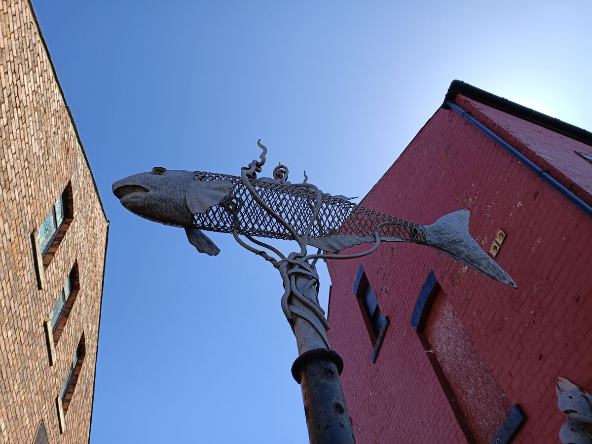 A metal sculture of a fish suspended on a pole beneath a blue sky