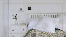 white bedroom with a white wooden bed frame white bedside table with a green and yellow bedspread