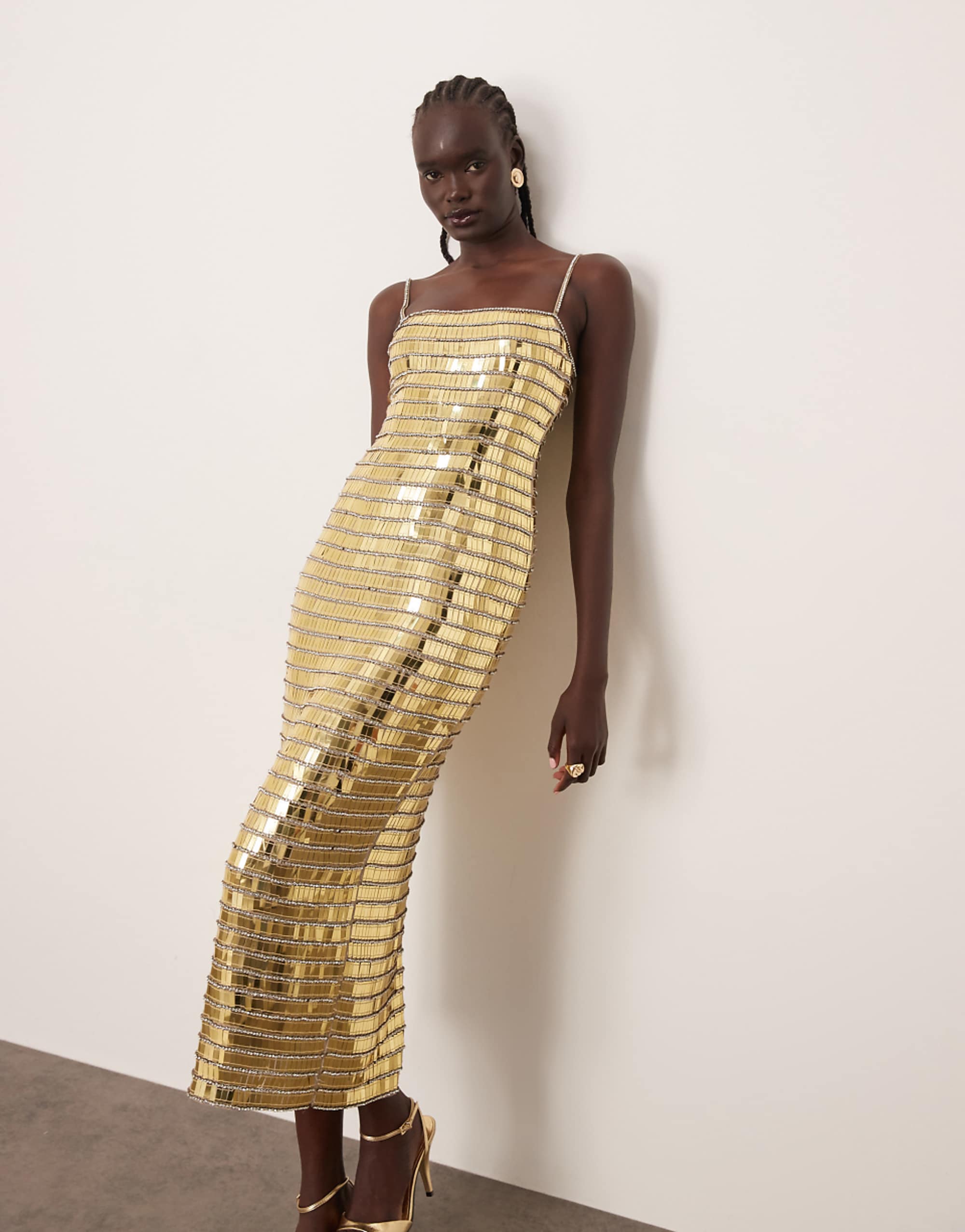 Arrange Linear Encrusted Column Cami Maxi Dress in Gold