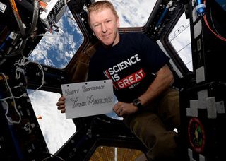 British astronaut Tim Peake celebrated the 90th birthday of Queen Elizabeth II with this zero-gravity birthday card from his orbital home on the International Space Station on April 21, 2016.