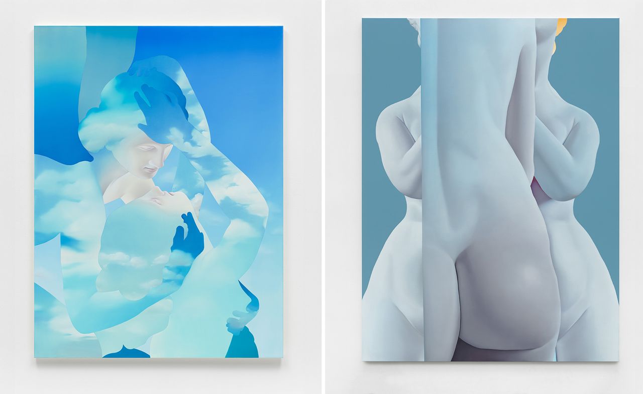 blue abstract artworks resembling clouds and the female form, from Vivian Greven’s New York exhibition ‘When the Sun Hits the Moon’, at Perrotin