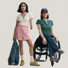 A collage of images from Anthropologie's adaptive fashion campaign starring influencers April Lockhart and Bri Scalesse.