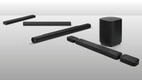 Four black soundbars arranged against a grey background