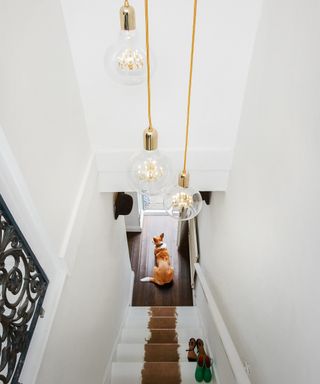 Trio of Edison style pendant lights hung from high in hallway