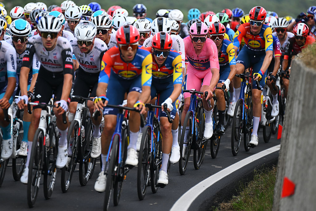 LECCE ITALY MAY 14 Mads Pedersen of Denmark and Team Lidl Trek Pink Leader Jersey competes during the 108th Giro dItalia 2025 Stage 5 a 151km stage from Ceglie Messapica to Lecce UCIWT on May 14 2025 in Lecce Italy Photo by Tim de WaeleGetty Images