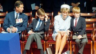 King Charles, Prince Harry, Princess Diana and Prince William attend a ceremony in Hyde Park to mark the 50th anniversary of VE Day on May 7, 1995