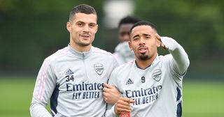 Granit Xhaka and Gabrjel Jesus of Arsenal during a training session at London Colney on November 05, 2022 in St Albans, England.