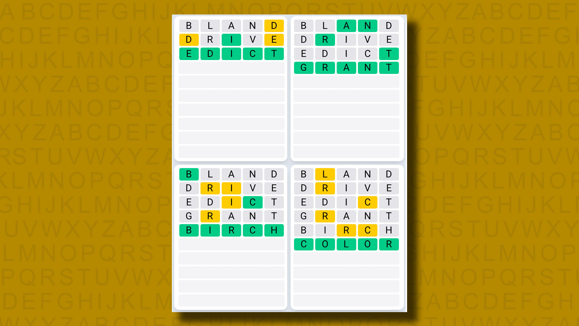 Quordle Daily Sequence answers for game 1294 on a yellow background