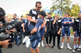 Thomas Voeckler and the French team celebrate Julian Alaphilippe's second world title.