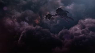 An astronaut floating in space being lead through a cloudy purple haze by a large spider-like creature.