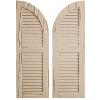 a pair of light wooden window shutters with a curved top