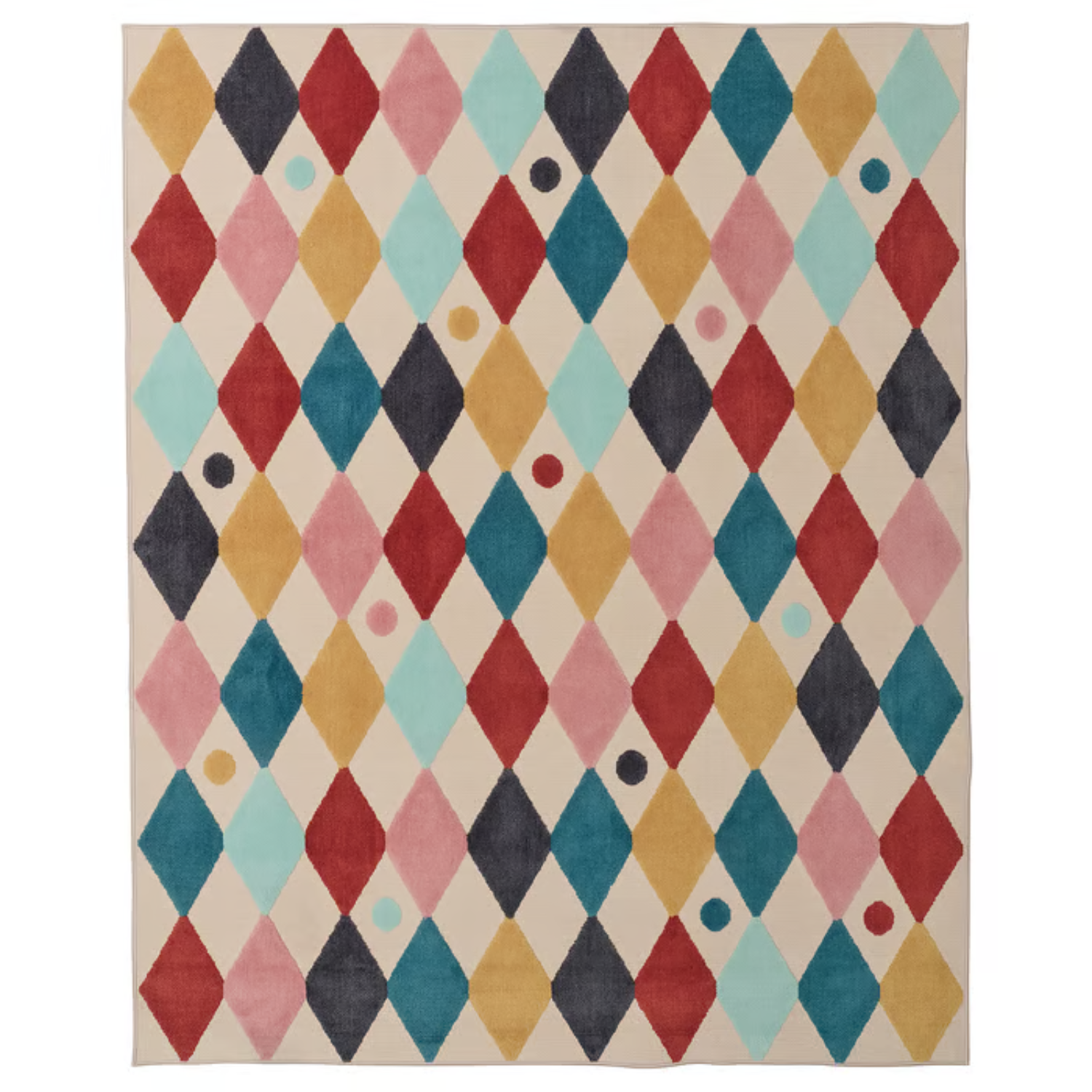A colorful harlequin patterned floor rug