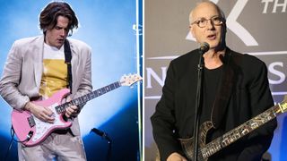 John Mayer plays his Roxy Pink PRS Silver Sky, wearing his Sob Rock-era duds – gray suit, T-shirt... On the right, Paul Reed Smith addresses the crowd at an industry gala.