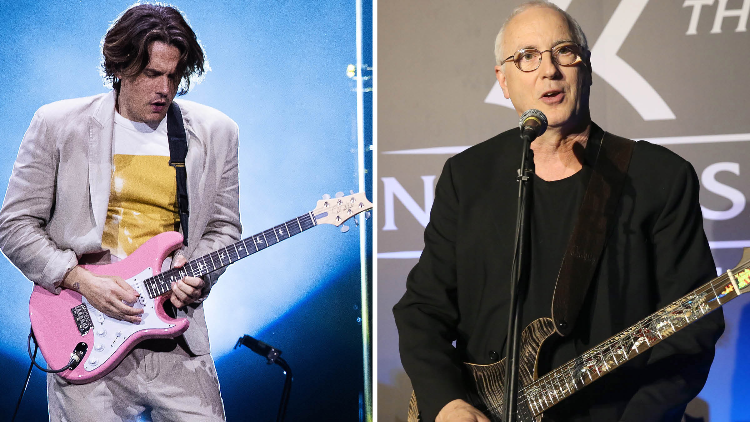 John Mayer plays his Roxy Pink PRS Silver Sky, wearing his Sob Rock-era duds – gray suit, T-shirt... On the right, Paul Reed Smith addresses the crowd at an industry gala.