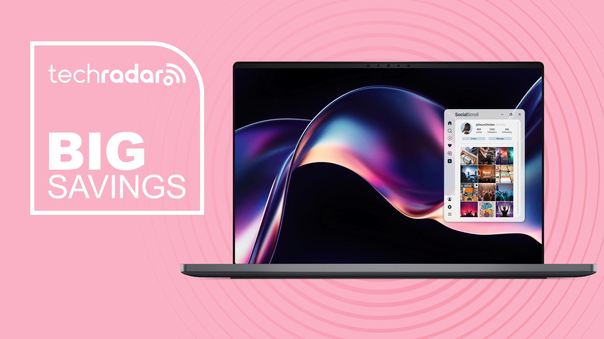 Dell XPS 14 on pink background with big savings text overlay