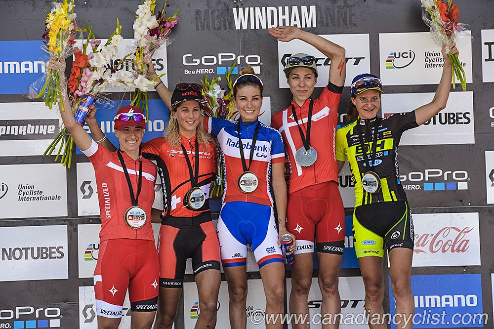 Windham World Cup podium: Podium: Lea Davison, Jolanda Neff, Pauline Ferrand Prevot, Annika Langvad, Adelheid Morath