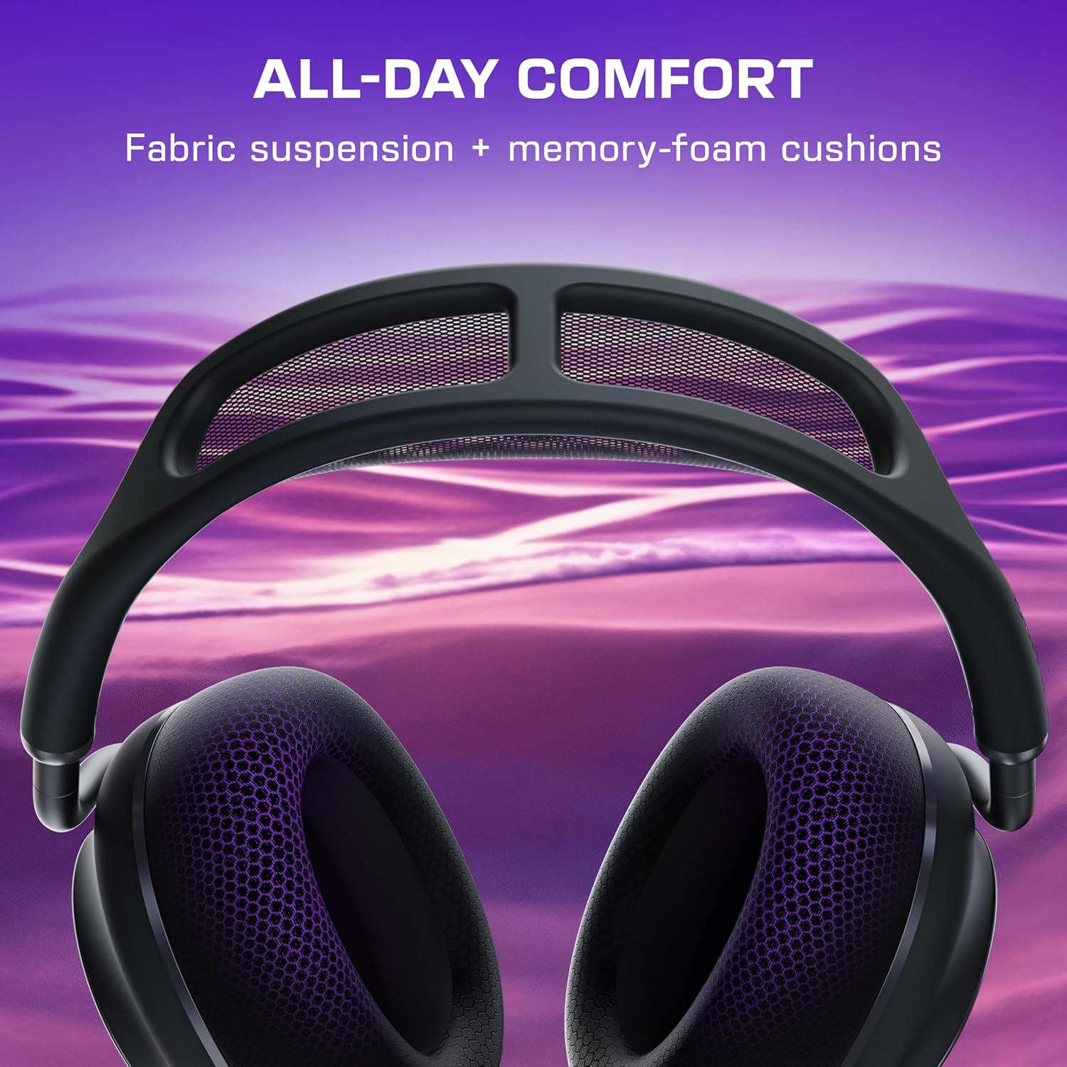Headphones with black fabric suspension and memory-foam cushions are shown against a purple wavy background. Text reads "All-Day Comfort."