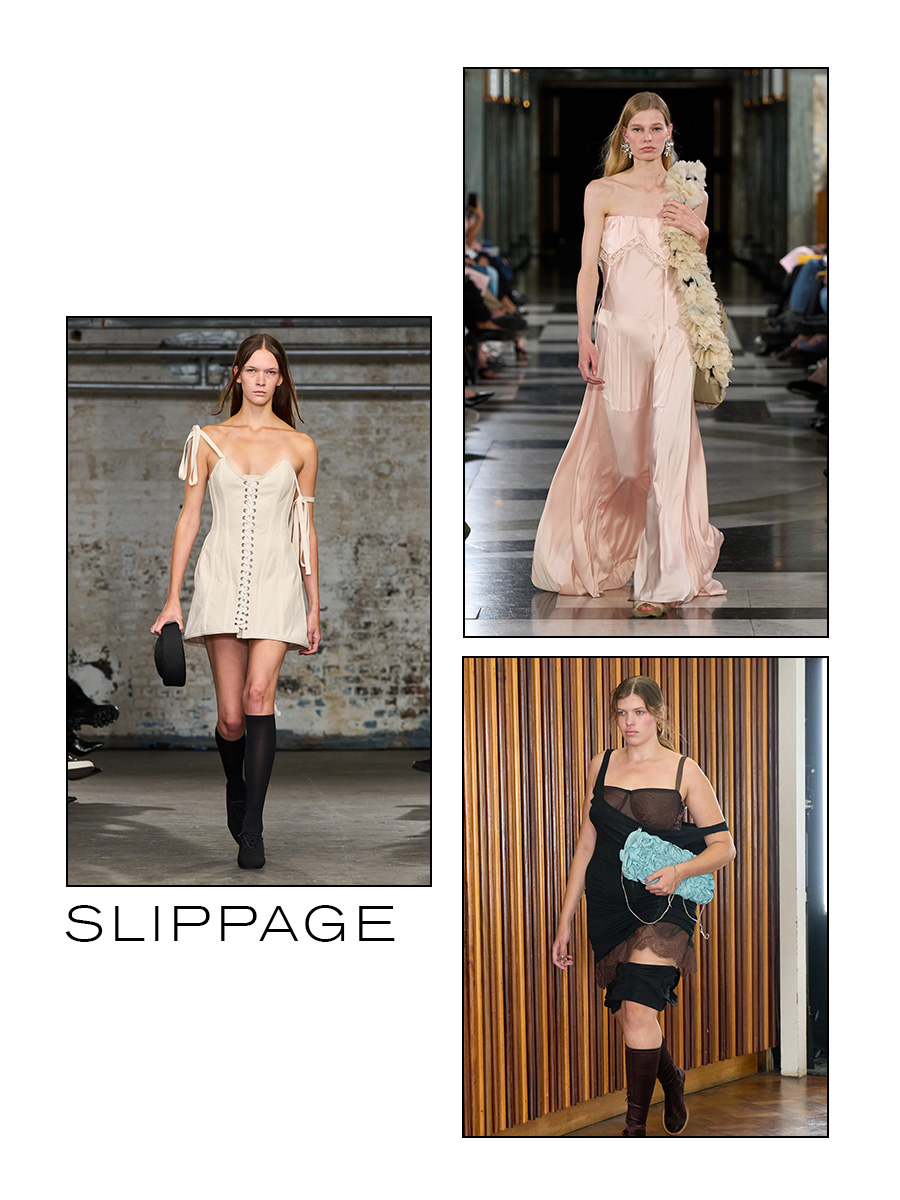 A slide with images from the S/S 27 London Fashion Week shows with the title, "Slippage," showcasing slip dresses worn off-kilter.