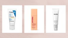 Collage of three of the best SPF moisturisers featured in this guide from (left to right) CeraVe, BYOMA and Medik8, set against a dusky pink watercolour background 