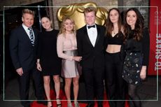 a medium shot of Gordon Ramsay with his kids Molly, Holly, Jack and Tilly on the red carpet with mum Tana.