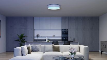 a kitchen with a false round skylight in the ceiling
