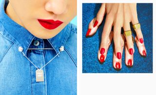Left, a closeup view of a woman wearing red lipstick, a denim button up shirt and a silver neck chain. Right, two woman's hands on top of each other with red nails.