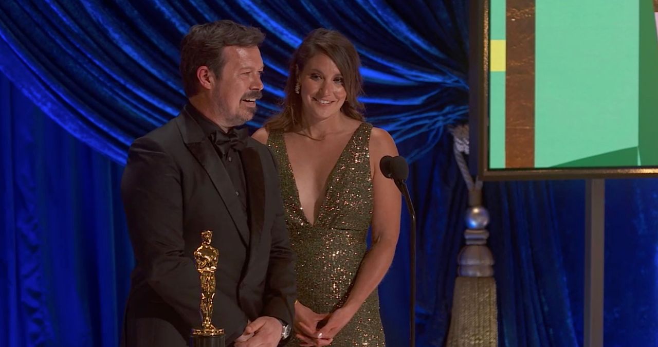 James Reed and Pippa Ehrlich accept the Oscar for documentary (feature) for 'My Octopus Teacher'