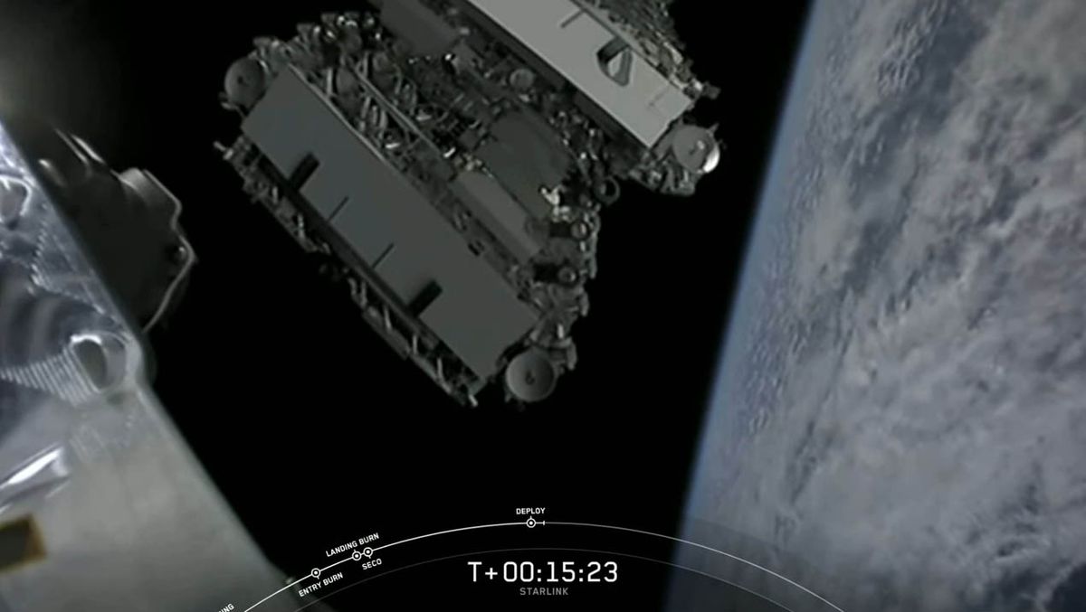 The 60 Starlink internet satellites of SpaceX's Starlink-4 mission, the fifth batch to fly, float free after a smooth deployment in orbit on Feb. 17, 2020.