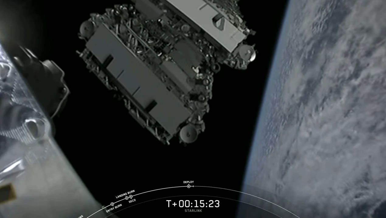 The 60 Starlink internet satellites of SpaceX's Starlink-4 mission, the fifth batch to fly, float free after a smooth deployment in orbit on Feb. 17, 2020.