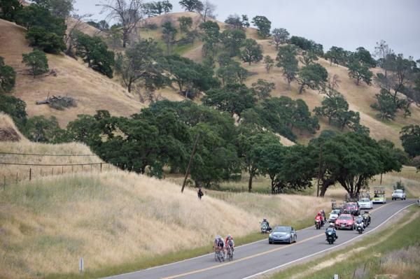 The small initial breakaway rolls through the hills towards Santa Rosa.