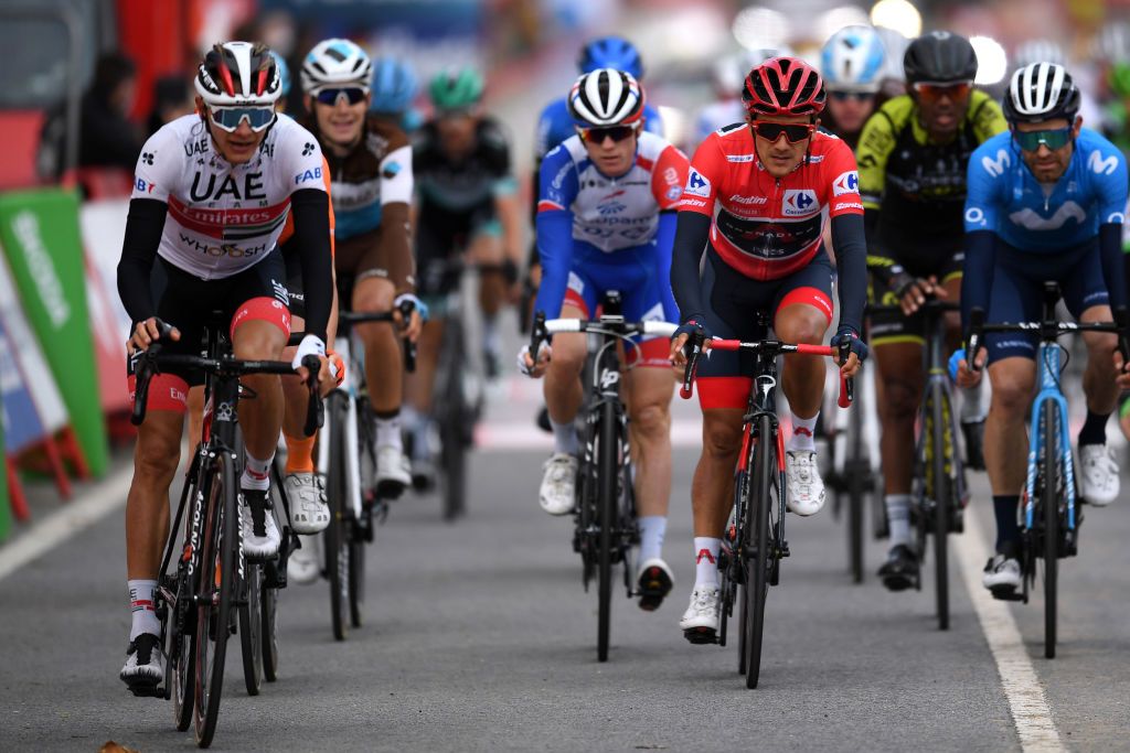 VILLANUEVA DE VALDEGOVIA SPAIN OCTOBER 27 Arrival Richard Carapaz of Ecuador and Team INEOS Grenadiers Red Leader Jersey during the 75th Tour of Spain 2020 Stage 7 a 1597km from VitoriaGasteiz to Villanueva de Valdegovia lavuelta LaVuelta20 La Vuelta on October 27 2020 in Villanueva de Valdegovia Spain Photo by David RamosGetty Images
