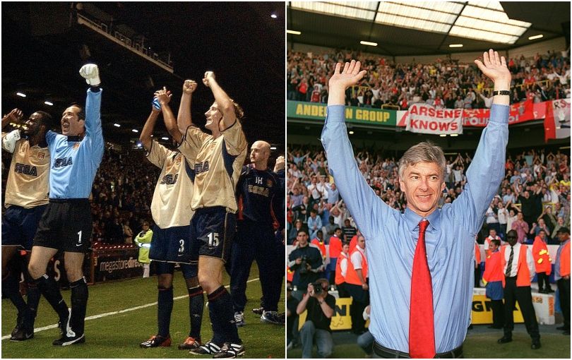 MANCHESTER, UNITED KINGDOM: Arsenal players (L-R:) Martin Keown, captain Patrick Vieira,keeper David Seaman, Ashley Cole,Ray Parlour, and Edu celebrate after a premier league match win over Manchester United at Old Trafford 08 May 2002. The win secured Arsenal the double after winning the cup final 04 May 2002. (Photo credit should read PAUL BARKER/AFP via Getty Images)