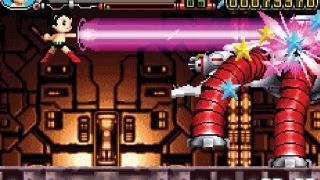 Best GBA games: Astro Boy blasting a robot in Astro Boy Omega Factor.