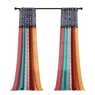 Two colorful curtain panels with blue, red, and orange stripes