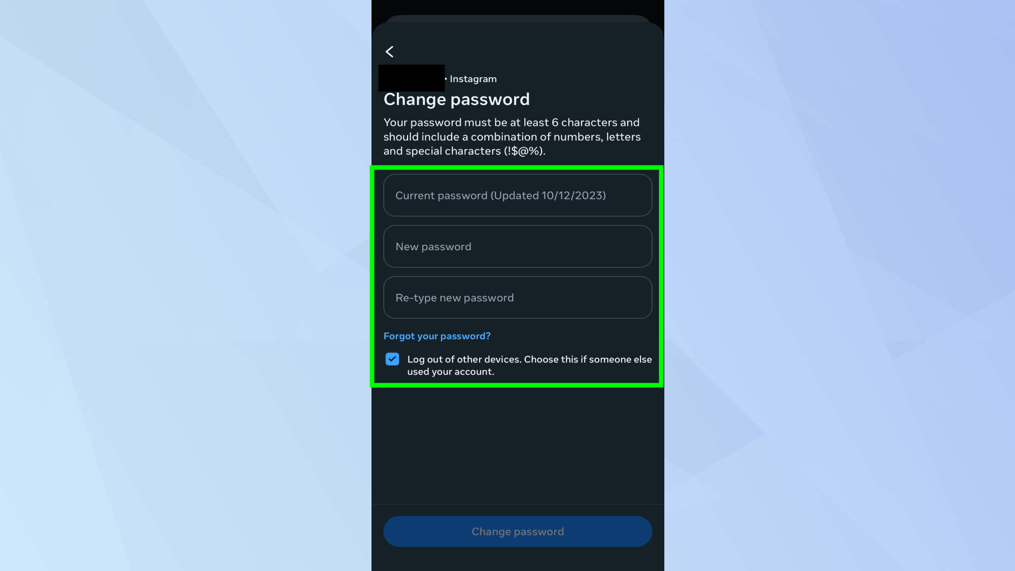 Change password on Instagram
