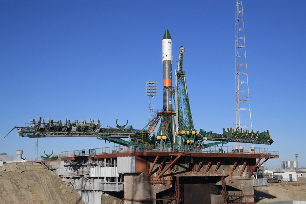 A Russian Soyuz rocket carrying the Progress 71 cargo ship stands atop its launch pad at Baikonur Cosmodrome, Kazakhstan for a Nov. 16, 2018 launch to the International Space Station.