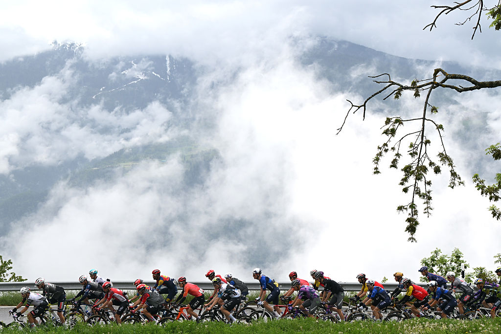 THYON 2000 SWITZERLAND MAY 03 A general view of the peloton competing during the 78th Tour De Romandie 2025 Stage 4 a 1283km stage from Sion to Thyon 2000 2091m UCIWT on May 03 2025 in Thyon 2000 Switzerland Photo by Dario BelingheriGetty Images